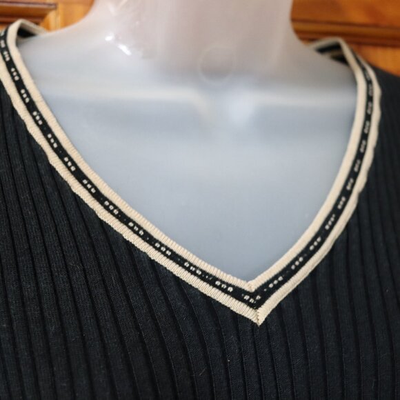 City Silk Vintage Black Pullover Sweater Beige Trim Flared Sleeve Y2K Large - Picture 4 of 14